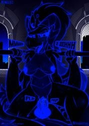 anthro areola blue_body blush bodily_fluids breasts dark_queen_(iestraig) demon_dragon digital_media_(artwork) dragon duo erection female fur genital_fluids genitals glowing glowing_body glowing_eyes glowing_genitalia glowing_nipples glowing_outline glowing_pussy hair hi_res horn knot looking_at_viewer lustragon male male/female male_penetrating mammal mythological_creature mythological_scalie mythology nipples nude open_mouth penetration penile penis pussy scalie sex solo_focus staff tail teeth text tongue wings