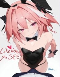 2boys ai_generated animal_ears astolfo_(fate) bangs bare_shoulders black_bow black_leotard blush bow bowtie braid bulge covered_navel detached_collar english_text erection erection_under_clothes fake_animal_ears hair_between_eyes hair_intakes hairbow ko-fi_username leotard long_hair looking_at_viewer male_focus male_playboy_bunny multicolored_hair multiple_boys oerba_yun_fang otoko_no_ko panties picklepumper pink_hair playboy_bunny pov purple_eyes rabbit_ears signature simple_background single_braid skin_fang smile solo_focus streaked_hair teasing teasing_viewer underwear white_background white_hair yaoi