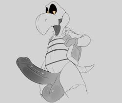anthro balls big_balls big_penis black_sclera bone clothing cometdragonite dry_bones erection genitals gloves grey_background handwear koopa looking_at_viewer male mario_bros monochrome nintendo open_mouth penis scalie shell simple_background skeleton solo tongue yellow_eyes