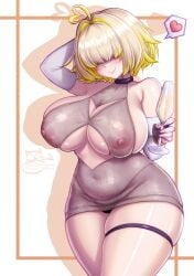 ahoge alcohol arm_behind_head artist_name bare_shoulders belly black_panties blonde_hair blush breasts center_opening champagne champagne_flute cleavage cleavage_cutout clothing_cutout commentary cup dress drinking_glass elbow_gloves elegg_(nikke) english_commentary evening_gown female gloves goddess_of_victory:_nikke grey_dress hair_over_eyes halter_dress halterneck heart heart_ahoge highleg highleg_panties highres huge_breasts large_breasts nipples oerba_yun_fang panties panty_peek plump puffy_nipples revealing_clothes revision see-through_clothes see-through_dress sevie short_hair sideboob sideboob_cutout signature skindentation sleeveless sleeveless_dress smile solo standing tan thick_thighs thigh_strap thighs underboob underboob_cutout underwear white_gloves wide_hips