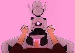 1boy 1girls 2025 bottomless eggnog_(artist) female handholding holding_hands male penis pink_background robot robot_girl robot_on_human simple_background t-shirt vaginal_sex