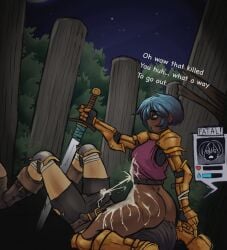 69 69_position armor background bad_end belt boots cottt(artist) cum cum_on_body cum_on_legs cum_on_stomach cum_on_thighs cum_through_clothes cumshot dark-skinned_female dark_skin death death_by_snoo_snoo death_by_snu_snu defeated defeated_hero english_text facesitting femdom game_over gloves green_eyes hands-free handsfree_ejaculation health_bar health_points knight lose male_death medieval medieval_armour original original_character red_hair smothering status_bar status_effect sword text warrior weapon