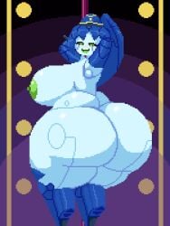 1female 1girls animated blue_hair bubble_butt commission commissioner_upload fat_ass green_eyes huge_ass huge_breasts metallic_body oc original_character robot_girl soft_body spinneborg valkire_(ztormdust) valkyriebot_(cloudbreaker) winking_at_viewer