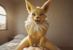 ai_generated anthro anthropomorphic beautiful bedroom big_breasts breasts breeding_request cowgirl_position cum_in_pussy cum_inside female fox fox_girl fucking fur furry furry_female furry_only generation_1_pokemon handjob impregnated impregnation_request in_heat intercourse interspecies inviting_to_sex jolteon looking_at_viewer on_knees pokémon_(species) pokemon pokemon_(species) seductive seductive_look seductive_smile sexy sexy_body sexy_pose tits_out wet_pussy