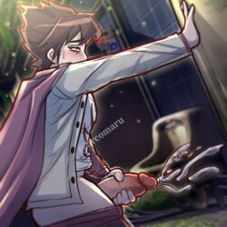1boy arcomaru blush cum danganronpa eyebags gay horny kaito_momota male male_only masturbation momota_kaito tired yaoi