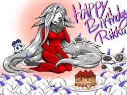 birthday_cake blueberry bodysuit borrowed_character breasts cake cake_slice candle candy candy_cane character_doll chocolate cleavage cookie cupcake dya_rikku_(vtuber) english_text female food fork fruit gift happy_birthday icing large_breasts lollipop long_hair macaron pastry plate red_eyes signature sitting solo strawberry tail very_long_hair vyugen white_hair