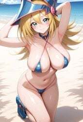 1girls ai_generated areolae areolae_slip armpits arms arms_behind_head arms_up bad_anatomy bare_shoulders beach belly bikini blonde_hair blue_bikini blue_boots blue_hat blue_sky blush blush_stickers breasts brooch cameltoe cleavage collared_bikini dark_magician_girl dark_type day eyebrows eyelashes female female_focus gold gold_brooch green_eyes hat highres huge_breasts jewelry konami legs light-skinned_female light_skin lips long_arms long_eyelashes long_hair long_legs luka45 magic_user magical_girl magician magician_hat monster_girl navel nose ocean pink_brooch pink_lips pink_trim pose red_brooch rose_gold ruby_(gem) ruby_(gemstone) ruby_brooch sand shiny shiny_bikini shiny_breasts shiny_clothes shiny_hair shiny_skin shiny_thighs shoes shonen_jump sideboob sky smile spellcaster spellcaster_type sweat thick_eyelashes thick_thighs thighs underboob very_long_hair water wet wide_hips witch witch_hat yu-gi-oh! yu-gi-oh!_duel_monsters