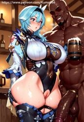 1boy 1girls ai_generated balls beer beer_mug big_balls big_penis breasts clothed_female_nude_male cock_ring dark-skinned_male dark_skin eula_(genshin_impact) female genshin_impact grabbing_own_ass huge_ass huge_breasts huge_cock interracial male male/female muscular ntr penis penis_awe pussy saliva saliva_trail sex thick_ass thick_penis thick_thighs veins voluptuous voluptuous_female