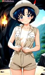 1boy 1girls ai_generated ami_mizuno bishoujo_senshi_sailor_moon blue_eyes blue_hair blush cave dizbabes female looking_at_viewer male pith_helmet sailor_mercury short_hair smile stable_diffusion torch undressing