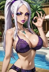 ai_generated cute dominant dominant_female eyelashes eyeshadow fairy_tail fake_breasts freckles freckles_on_breasts freckles_on_face freckles_on_shoulders huge_breasts lace lace_bra lingerie long_hair looking_at_viewer makeup mastarblastar mommy navel necklace original original_character pinch pinching pinching_gesture ponytail pool pose posing posing_for_the_viewer purple_bra purple_panties slender_body slender_waist slim_waist slutty_face slutty_pose small_penis_humiliation smirk smirking smirking_at_viewer smug smug_face tagme thick_lips white_hair yellow_eyes