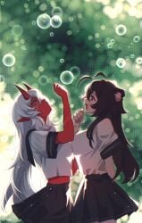 2girls ? air_bubble akumi animal_ears black_hair black_sailor_collar black_skirt blurry blurry_background bokeh brown_hair bubble bubble_blowing depth_of_field eye_contact from_side hair_between_eyes horns lens_flare long_hair looking_at_another momotexx_(vtuber) multiple_girls neckerchief oni open_mouth pleated_skirt profile red_eyes sailor_collar school_uniform serafuku shirt short_sleeves signature skirt smile soap_bubbles standing underwater very_long_hair vyugen white_hair white_shirt yoclesh