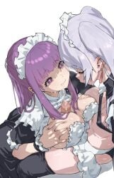 2girls after_fellatio apron black_dress breasts censored cum cum_in_mouth cum_on_body cum_string dress earrings elf facial fern_(sousou_no_frieren) frieren futa_with_female futanari grey_hair highres jewelry large_breasts long_hair m_k maid maid_headdress mosaic_censoring multiple_girls paizuri penis pointy_ears ponytail purple_eyes purple_hair simple_background sousou_no_frieren twintails white_apron white_background