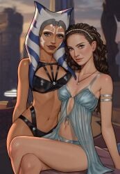 2girls ahsoka_tano blue_eyes brown_eyes brown_hair lingerie looking_at_viewer padme_amidala star_wars togruta viiperart