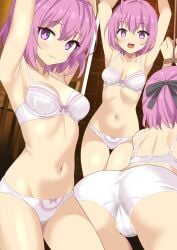 1girls :d ahoge armpits arms_up ass back bare_shoulders bars belly black_ribbon bondage bondage bound bound_wrists bow bow_bra bow_panties bra breasts cameltoe choujin_koukousei-tachi_wa_isekai_demo_yoyuu_de_ikinuku_you_desu! clenched_hand clenched_hands closed_mouth collarbone commentary_request commission dungeon hair_between_eyes hair_ornament hair_ribbon highres indoors lace lace-trimmed_bra lace-trimmed_panties lace_trim legs looking_ahead looking_at_viewer looking_to_the_side medium_breasts medium_hair multiple_views navel open_mouth panties partial_commentary partially_visible_vulva pink_bow pink_eyes pink_hair pixiv_commission purple_eyes ribbon rope rope_belt sarutobi_shinobu shimouki_izui short_hair small_breasts smile stomach stone_wall thigh_gap thighs trefoil underwear underwear_only white_bra white_panties