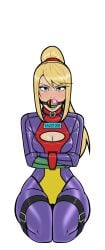 1female 1girls alternate_costume ball_gag bdsm_collar bondage bondage_outfit boob_window collar embellished_ball_gag female gag gagged gravity_suit latex latex_bodysuit latex_clothing leather_straps legbinder metroid nintendo numbered_tag ponytail samus_aran straitjacket wossarem