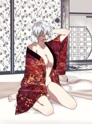 big_breasts canon_genderswap cleavage female female_only full_body futon genderswap_(mtf) ginko_sakata gintama gintoki_sakata japanese_clothes kimono morning morning_after mostly_nude no_bra no_panties off_shoulder on_bed pale-skinned_female pale_skin partially_clothed rule_63 short_hair shouji sitting socincol solo very_short_hair wariza white_hair yawn yawning