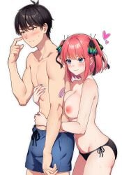 1boy :3 antenna_hair arm_around_waist arms_around_waist assertive_female bikini bikini_bottom_only black_bikini black_hair black_ribbon blue_eyes blue_nails blunt_bangs blush bob_cut breast_press breasts brown_eyes bulge butterfly_hair_ornament cleavage closed_mouth collarbone couple cowboy_shot embarrassed eyebrows_hidden_by_hair eyelashes female finger_to_cheek fingernails from_side frown furrowed_brow go-toubun_no_hanayome groin hair_between_eyes hair_ornament hair_ribbon hand_on_another's_chest hand_on_another's_stomach hand_up heart height_difference hug hug_from_behind kurosaki_coco large_breasts male_swimwear medium_hair motion_lines multicolored_nails nail_polish nakano_nino navel nervous_smile nipples nose_blush pink_hair ribbon scratching_cheek short_hair shy side-tie_bikini_bottom sidelocks simple_background smile standing stomach straight straight_hair sweat sweatdrop swim_trunks swimsuit thighs topless topless_male two_side_up uesugi_fuutarou v-shaped_eyebrows wet white_background yellow_eyes