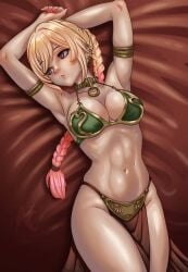 2020s 2d 2d_(artwork) 2d_artwork anime anime_girl anime_style animedrawing animegirl animestyle bare_armpits bare_arms bare_legs bare_midriff bare_shoulders bare_thighs bed bed_background bed_sheet bedroom bedroom_setting belly_button big_breasts big_breasts bikini bikini_top blonde_hair bra bracelet braided_hair braided_ponytail cleavage collar crossover crossover_cosplay ear_piercing earrings eastern_and_western_character eyelashes eyeshadow gold_(metal) gold_bracelets gold_collar gold_jewelry golden_bracelets golden_collar green_bikini green_bikini_top green_bra hourglass_figure hourglass_figured_female inner_sideboob kitagawa_marin light-skinned_female light_skin lipstick loincloth long_hair long_ponytail metal_collar midriff my_dress_up_darling nail_polish navel pink_eyes pink_eyeshadow pink_highlights ponytail red_lips red_lipstick red_loincloth red_nail_polish red_nails red_sheets sideboob silver_ear_piercing silver_earrings slave slave_bikini slave_collar slave_leia slave_leia_(cosplay) slave_outfit slavegirl star_wars submissive submissive_female submissive_pose thick_thighs