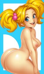 1girls ai ai_art ai_generated anonemus1 big_ass blonde_hair blue_background blue_eyes cartoon_network dee_dee_(dexter's_laboratory) dexter's_laboratory female fusionfall hair_bobbles hands_on_knees nude nude_female solo solo_female twintails two-tone_background white_background