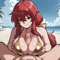 1boy 1girls 2d ai_generated beach big_breasts bikini bikini_top breasts civitai daytime erect_penis female female_focus golden_bikini golden_nail_polish golden_nails golden_week hairbow kotohime kotohime_(touhou) long_hair looking_at_viewer male motion_blur outdoors paizuri penis penis_between_breasts police_officer pov princess red_eyes red_hair red_pupils seductive_smile self_upload straight tied_hair titjob titjob touhou touhou_(pc-98)