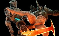 3d absurd_res anal anal_sex balls black_background digital_drawing_(artwork) digital_media_(artwork) doom_(series) duo fu2e genitals glans hi_res holding_horn horn humanoid_genitalia humanoid_penis id_software machine male male/male marauder_(doom) melee_weapon microsoft no_humans penetration penis robot samuel_hayden_(doom) simple_background sword weapon