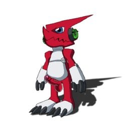 1boy 2016 anthro balls blue_eyes digimon dragon erection hi_res lusarthel male male_only partially_retracted_foreskin penis presenting shoutmon simple_background solo spikes tagme teeth uncut white_background