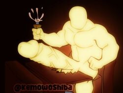 4_fingers bald balls biceps big_balls big_penis black_background breasts chair destroyed_table dressing faceless fingers furniture genitals glowing hi_res human human_only humanoid illuminated kem0w0shiba male male/male mammal meme meme_origin muscular muscular_arms muscular_humanoid penis simple_background solo spread_legs spreading table vein