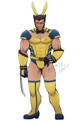 1boy adapted_costume baimonbluewhale bara beard brown_hair claws deadpool_&_wolverine_(2024) gloves james_howlett leg_hair logan_(x-men) male male_only male_playboy_bunny marvel mature_male muscular muscular_male rabbit_ears short_hair solo thighhighs wolverine_(x-men) x-men