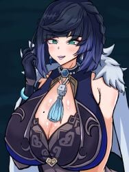 blue_dress blue_hair breasts dress female genshin_impact green_eyes highres large_breasts liyue_girls medium_hair purple_lips u_na_765 yelan_(genshin_impact)