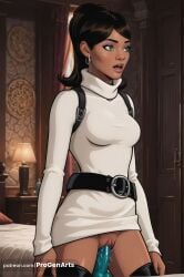 1girls ai_generated archer_(series) artist_name bed bedroom belt black_belt black_hair black_thighhighs breasts brown_hair cowboy_shot dark-skinned_female dark_skin dildo dildo_in_pussy dildo_insertion dress earrings female_masturbation green_eyes hi_res hoop_earrings indoors jewelry lana_kane lips lipstick long_sleeves makeup masturbation medium_breasts no_panties nose object_insertion open_mouth ponytail progenarts pussy pussy_juice sex_toy solo sweater sweater_dress thighhighs turtleneck turtleneck_dress uncensored vaginal_insertion vaginal_masturbation vaginal_object_insertion vaginal_penetration web_address white_dress white_sweater