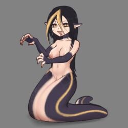animated apode areola big_breasts black_hair blonde_highlights breasts draconcopode ear_piercing female genitals hair highlights_(coloring) humanoid inverted_nipples lamia legless long_hair nipples nude omenocta piercing pussy reptile scales scalie serpentine short_playtime snake solo split_form tongue tongue_out
