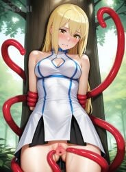 1girls against_tree ai_generated aiz_wallenstein blush clitoral_hood clitoris crying dress dungeon_ni_deai_wo_motomeru_no_wa_machigatteiru_darou_ka helpless helpless_girl imminent_penetration imminent_rape imminent_sex looking_down medium_breasts outdoors pussy restrained scared seacreator spread_pussy tentacle tied