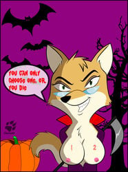 2016 anthro breasts canine eyewear female fluffy fluffy_tail food fox fruit glasses halloween holidays looking_at_viewer lt._fox_vixen mammal nipples pumpkin seductive shanukk smile solo squirrel_and_hedgehog