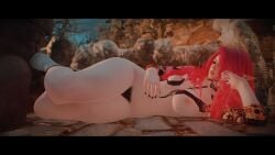 footjob laying_down nipple_piercing pink_hair sideways skyrim socks tattoo uninterested