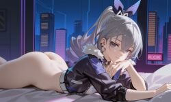 1girls ai_generated ass ass bed big_ass big_butt bubble_butt dimples_of_venus honkai:_star_rail honkai_(series) jacket looking_at_viewer on_stomach ponytail seductive_look seductive_pose silver_eyes silver_hair silver_wolf_(honkai:_star_rail) smile solo the_pose thighs