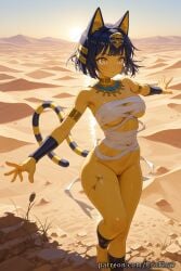 1girls 2025 ai_generated animal_crossing animal_crossing_girl animal_crossing_new_horizons animal_crossing_new_leaf animal_ears ankh ankha ankha_(animal_crossing) ankha_(cosplay) armlet bandages bangs bare_shoulders blue_hair breasts budget_sarashi cat_ears cat_girl cat_tail closed_mouth dark-skinned_female dark_skin desert egyptian egyptian_clothes eroflow female hair_ornament hi_res highres jewelry looking_away medium_breasts mountainous_horizon navel nude outdoors outstretched_arms patreon pussy sarashi short_hair solo standing sun sunset tail usekh_collar voluptuous voluptuous_female yellow_eyes yellow_skin