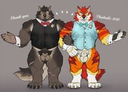 2025 animal_genitalia anthro balls biceps bottomless bottomless_anthro bottomless_male bruno_(rossciaco) canid canine canis clawd clothed clothing crowvy duo ear_piercing ear_ring fangs fur genitals horn male mammal partially_clothed pawpads paws piercing ring_piercing rossciaco scar sheath tail teeth topwear vest wolf yellow_eyes