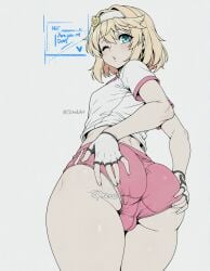 1boy ai_assisted ai_generated aqua_eyes ass ass_focus ass_grab bangs blonde_hair blue_eyes blush bridget bulge buruma cowboy_shot english_text fingerless_gloves from_behind gloves grabbing_own_ass grey_background guilty_gear gym_uniform hair_between_eyes hairband headband heart huge_ass looking_at_viewer looking_back male_focus mars_symbol medium_hair one_eye_closed otoko_no_ko panties panties_under_buruma parted_lips shirt short_hair short_sleeves shorts simple_background solo sondu thick_thighs thighs twitter_username underwear white_background white_gloves white_shirt