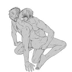 2boys blush closed_eyes completely_nude drooling full_body gay gintama gintoki_sakata head_back high-angle_view implied_anal looking_pleasured male male_only monochrome muscular muscular_male no_visible_genitalia nude sex socincol sweat takasugi_shinsuke yaoi