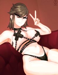 1girls athorment_oc bikini_bottom eresheresy female female_focus female_only large_breasts layla_(athorment) light-skinned_female looking_at_viewer peace_sign pinup short_hair tagme