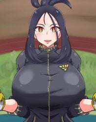 black_hair breasts brown_eyes cross_scar dendra_(pokemon) female highres large_breasts nintendo pokemon pokemon_sv scar track_suit u_na_765