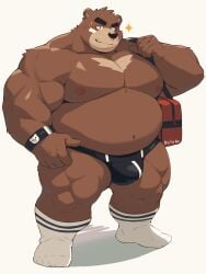 2025 3:4 absurd_res anthro bear belly bhtoss big_belly brown_body bulge clothing cute_fangs fangs hi_res kemono male mammal musclegut muscular nipples overweight overweight_male simple_background solo teeth underwear white_background