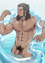 1boy abs avatar_legends balls bara beard biceps big_pecs black_hair blue_eyes blue_necklace body_hair chest_hair dark-skinned_male dark_skin dilf erect_nipples facial_hair flaccid flaccid_penis goatee hairy_chest hairy_thighs human human_only long_goatee looking_at_viewer male male_focus male_only manly mature mature_male medium_hair melanin muscles muscular muscular_male naked necklace necklace_only nickelodeon nipples nude nude_male pecs pectorals penis pubic_hair six_pack smooth_skin solo solo_focus solo_male suyohara the_legend_of_korra tied_hair tonraq veiny_penis water water_tribe