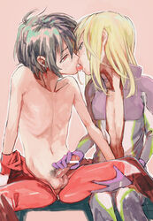 2boys femboy gundam gundam_seed gundam_seed_destiny handjob kissing licking male_only multiple_boys penis_grab ree_(neo-de) shinn_asuka sitting tongue tongue_out undressing yaoi