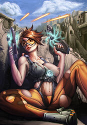 abs breasts energy goggles gun heroes_of_the_storm hiding highres large_breasts muscular navel nipple_piercing one_breast_out overwatch sitting sky torn_clothes tracer war weapon yinyue