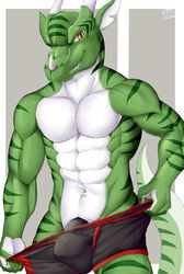 2016 5_fingers abs biceps black_penis boxers brown_eyes bulge countershade_torso countershading dragon front_view green_scales green_stripes green_tail half-length_portrait horn lizard long_tail looking_at_viewer male male_only multicolored_scales multicolored_tail muscular muscular_male navel notched_ear pecs penis penis_base portrait reptile scales scalie signature simple_background smile soliscanis standing striped_scales striped_tail stripes teeth topless underwear underwear_pull undressing white_countershading white_horn white_scales white_tail