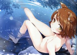 absurdres animal_ears bathing blush breasts brown_hair catgirl chen earring female from_above highres ke-ta legs looking_at_viewer looking_up mound_of_venus nekomimi nipple nude onsen partially_submerged reflection short_hair sitting small_breasts smile snow snowflakes snowing tail touhou water wet winter yellow_eyes