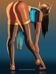 2d artist_name ass astrass bent_over black_hair dark-skinned_female dark_skin dat_ass feet female from_behind headphones nail_polish overwatch solo symmetra thighhighs thong web_address