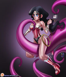 1girls bare_shoulders black_hair blue_eyes bracelet breasts cleavage covered_breasts dc dc_comics female justice_league large_breasts lasso lasso_of_truth legs long_hair pablocomics pussy shoes tagme tentacles thighs tiara vagina wonder_woman_(series)