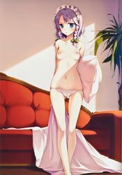 :o absurdres blue_eyes blush braids breasts female highres ke-ta looking_at_viewer maid_headdress nipples open_mouth panties pillow purple_hair ribbon sakuya_izayoi small_breasts standing sunlight topless touhou